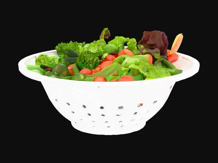 3D model for A plastic colander basket filled with assorted fresh vegetables, including lettuce, tomatoes, and cucumbers. The basket has a simple oval design with drainage holes at the bottom, placed on a wooden kitchen counter. Modern kitchen setting, soft lighting, natural shadows.