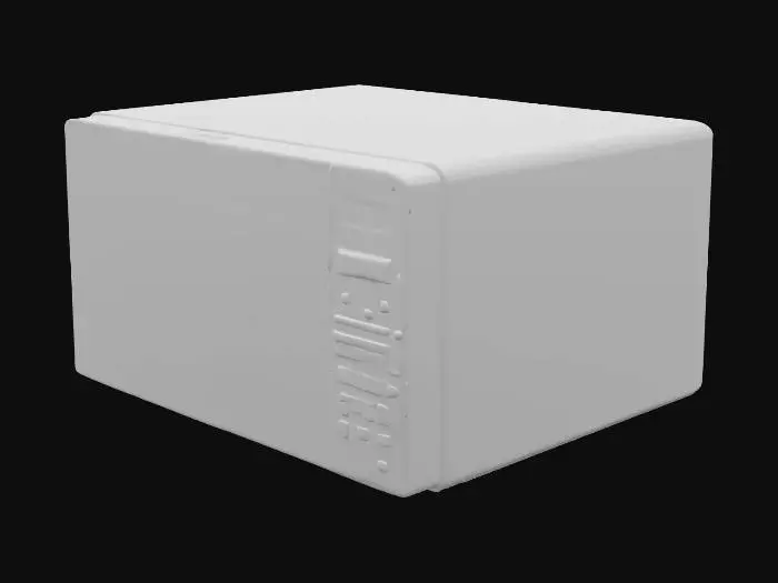 3D model for 一个现代台式微波炉，拥有简洁的矩形设计。其正面采用光滑的黑色玻璃面板，中央设有一个清晰的数字显示屏，触感平滑且反光。炉身主体由拉丝不锈钢构成，呈现出哑光银灰色泽，表面略带纹理感。整体造型方正，线条利落，结构紧凑，侧面和顶部均是平坦的金属表面。