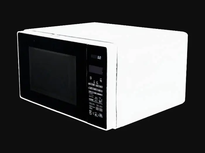 3D model for 一个现代台式微波炉，拥有简洁的矩形设计。其正面采用光滑的黑色玻璃面板，中央设有一个清晰的数字显示屏，触感平滑且反光。炉身主体由拉丝不锈钢构成，呈现出哑光银灰色泽，表面略带纹理感。整体造型方正，线条利落，结构紧凑，侧面和顶部均是平坦的金属表面。