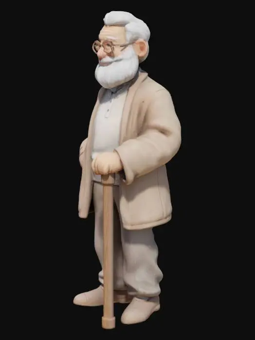 3D model for A low poly elder character in a cozy outfit, simple cane in hand, standing quietly. Modeled with minimal curves and clothing folds. No detailed wrinkles or facial features. Designed for peaceful, slow-paced cafe environments.