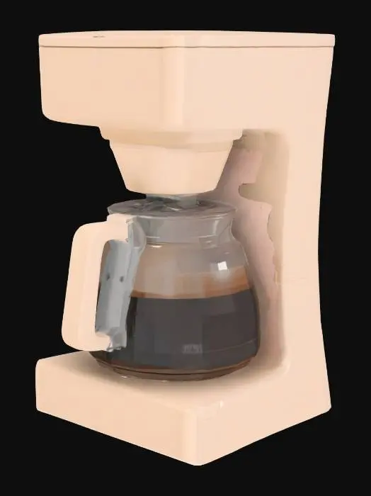 3D model for A low poly drip coffee maker game model with a clear glass pot and soft square body. It features smooth, simplified surfaces and soft color tones. Avoids over-detailed mesh or excessive handles to ensure clean topology. Perfect for a cozy, low poly coffee shop simulation.