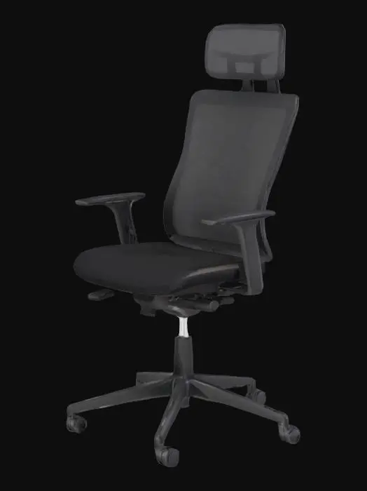 3D model for modern ergonomic office chair with mesh backrest, adjustable armrests, contoured black seat cushion, five-wheel base, matte black frame, headrest attached, clean minimal American design