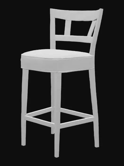 3D model for A single counter-height bar stool with soft beige or white cushioned seat, wooden legs in natural or walnut finish, backrest with shaker-style crossbars or soft curves, designed to match a soft sage green kitchen island, modern farmhouse style, elegant and minimal,