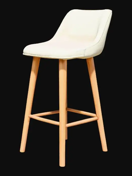 3D model for A single counter-height bar stool with soft beige or white cushioned seat, wooden legs in natural or walnut finish, backrest with shaker-style crossbars or soft curves, designed to match a soft sage green kitchen island, modern farmhouse style, elegant and minimal,
