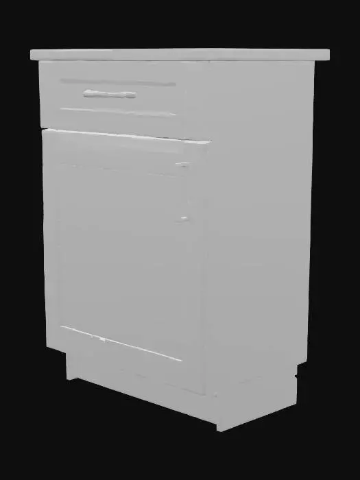 3D model for A single base kitchen cabinet in shaker style, with a recessed center panel and clean square edges, matte painted surface in light gray, fitted with two brushed brass bar handles on the drawer fronts, shown isolated on a plain white background, front view