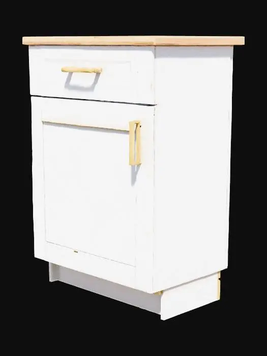 3D model for A single base kitchen cabinet in shaker style, with a recessed center panel and clean square edges, matte painted surface in light gray, fitted with two brushed brass bar handles on the drawer fronts, shown isolated on a plain white background, front view