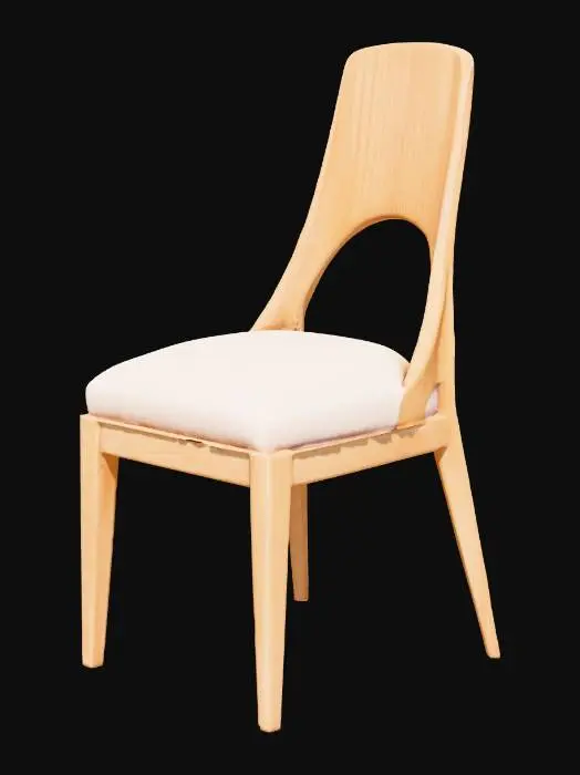 3D model for Japandi style dining chair, bentwood backrest, upholstered seat in light fabric, slim wooden legs, minimal and elegant, no table or decorations