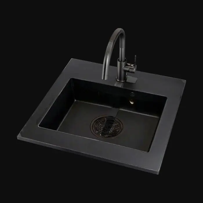 3D model for A single-basin undermount kitchen sink made of matte black granite composite, paired with a matte black U-shaped pull-down kitchen faucet, featuring a flexible retractable spray head and single handle design, installed directly on the sink