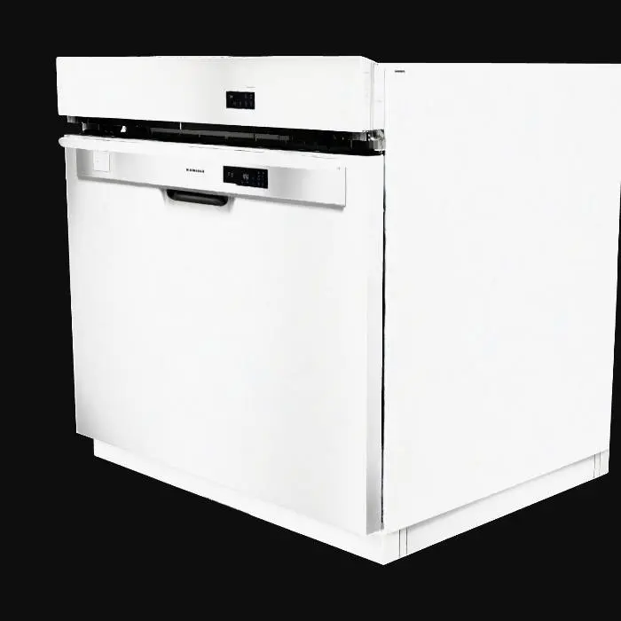 3D model for A built-in stainless steel dishwasher with a sleek brushed metal finish, featuring a horizontal bar handle and a minimalist control panel on the top edge, shown from front view, closed
