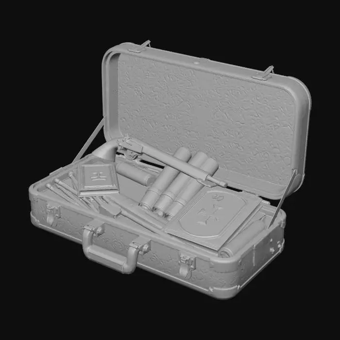 3D model for Futerał na gitarę, ale w stylu wiktoriańsko-steampunkowym, nieco bardziej pękaty. Będzie to tak naprawdę futerał pogromcy wampirów więc konieczne będzie kilka detali w środku -steampunkowy pistolet, krzyż, butelki, zwoje, Biblia, kołki itp. Na wieku - metalowy krzyż w stylu wiktoriańskim z wyraźnym, metalowym napisem napisem CRUX SANTA SIT MIHI LUX. Obicia futerału na górnej i dolnej krawędzi miedziane, w formie wyraźnego rantu. Zawiasy stylizowane, wiktoriańskie. Stylizowane na wiktoriańskie klamry zapięcia. Uchwyt miedziany, stylizowany.