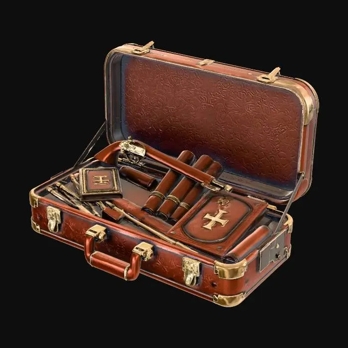 3D model for Futerał na gitarę, ale w stylu wiktoriańsko-steampunkowym, nieco bardziej pękaty. Będzie to tak naprawdę futerał pogromcy wampirów więc konieczne będzie kilka detali w środku -steampunkowy pistolet, krzyż, butelki, zwoje, Biblia, kołki itp. Na wieku - metalowy krzyż w stylu wiktoriańskim z wyraźnym, metalowym napisem napisem CRUX SANTA SIT MIHI LUX. Obicia futerału na górnej i dolnej krawędzi miedziane, w formie wyraźnego rantu. Zawiasy stylizowane, wiktoriańskie. Stylizowane na wiktoriańskie klamry zapięcia. Uchwyt miedziany, stylizowany.