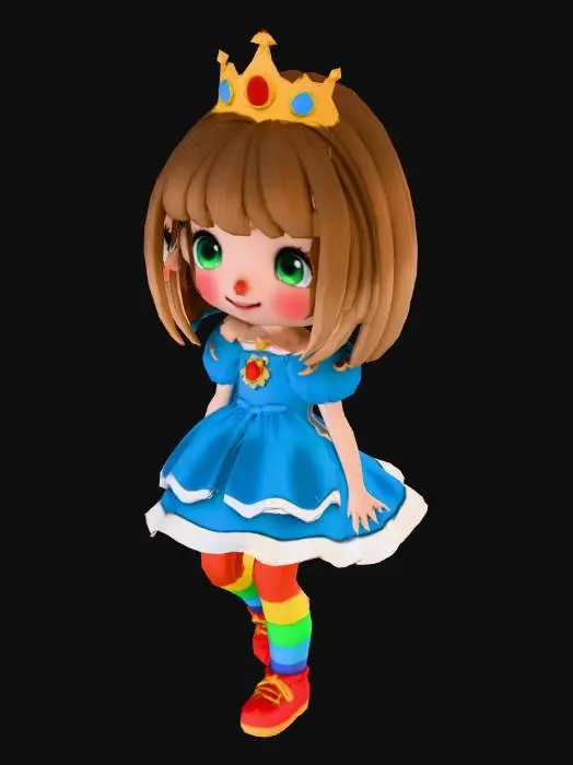 3D model for chibi cute anime style 3d princess rigged for animations. she should have shoulder-length light brown hair with bangs, a puffy princess dress with rainbow colored stockings, and a princess crown