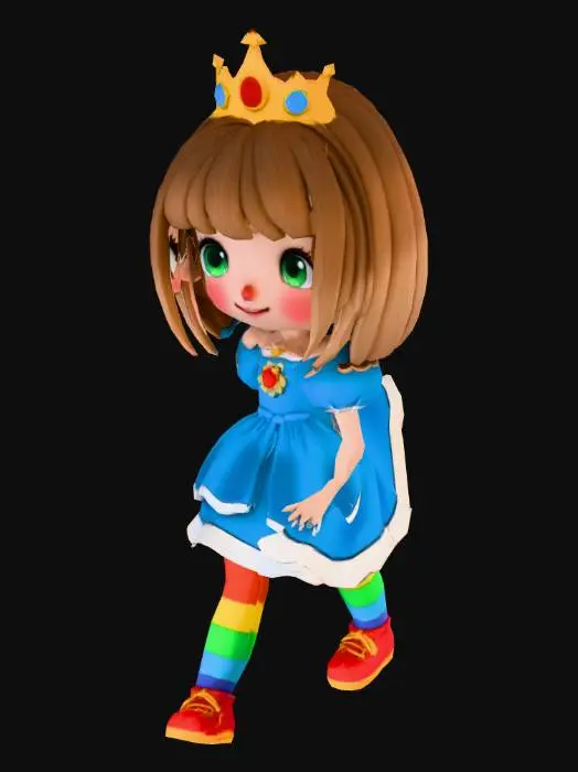 3D model for chibi cute anime style 3d princess rigged for animations. she should have shoulder-length light brown hair with bangs, a puffy princess dress with rainbow colored stockings, and a princess crown