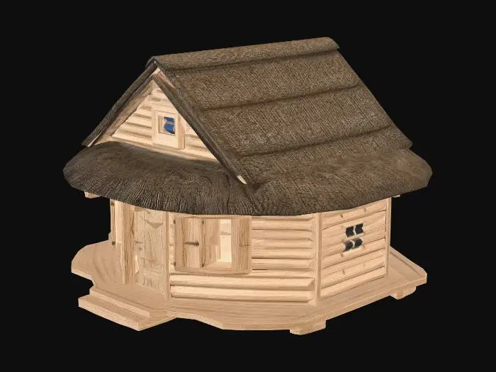 3D model for Ein kleines low poly 16m x 16m x 4m Holzhaus mit Holzverschlagfenstern und Strohdach