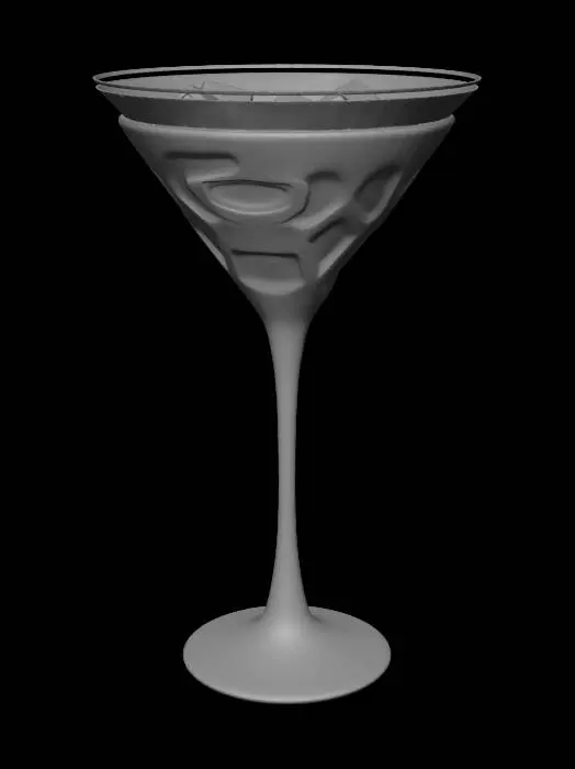 3D model for Ultra-realistic 3D product render of a tall elegant crystal martini glass with a thin stem and wide conical bowl, perfectly centered against a smooth light gray studio background. The martini glass is filled with large transparent ice cubes with realistic cracks, trapped air bubbles, frosty edges, and melting water droplets. Detailed condensation forms naturally on the outer surface of the glass, with tiny beads of water running down the sides. The glass material is highly realistic with accurate light refraction, caustics, reflections, and subtle imperfections in the crystal surface. Professional studio lighting setup with softbox reflections, cinematic highlights, soft shadows beneath the base, and depth realism. Hyper-detailed photorealistic CGI, Octane Render, Unreal Engine 5 quality,