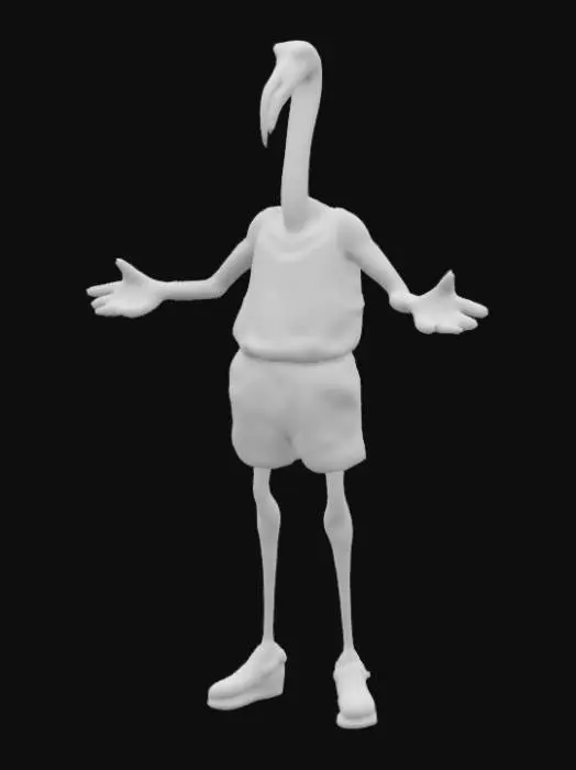 3D model for realistic, anthropomorphic, flamingo, headed, sport outfit, tall, ready to animate, a pose, spread arms