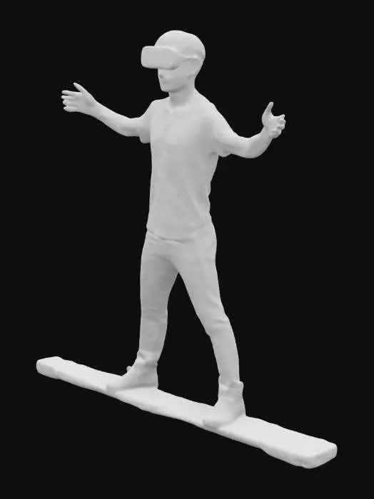 3D model for VR Gözlüğü takmış bir erkeğin bir plank üzerinde dengede durmaya çalışıyormuş gibi ayakta durmasını istiyorum. Plank ölçüleri: En:15 cm Boy:5 cm Uzunluk:120cm. Plank düz olsun. Altında tekerlekleri olmasın. Kişi tahtanın tam ortasında dursun ve yönü tahtanın uzun tarafına doğru olsun.