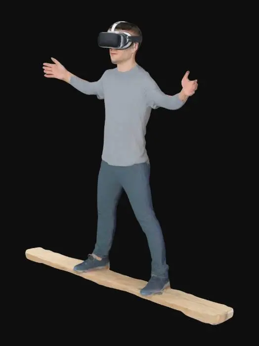 3D model for VR Gözlüğü takmış bir erkeğin bir plank üzerinde dengede durmaya çalışıyormuş gibi ayakta durmasını istiyorum. Plank ölçüleri: En:15 cm Boy:5 cm Uzunluk:120cm. Plank düz olsun. Altında tekerlekleri olmasın. Kişi tahtanın tam ortasında dursun ve yönü tahtanın uzun tarafına doğru olsun.