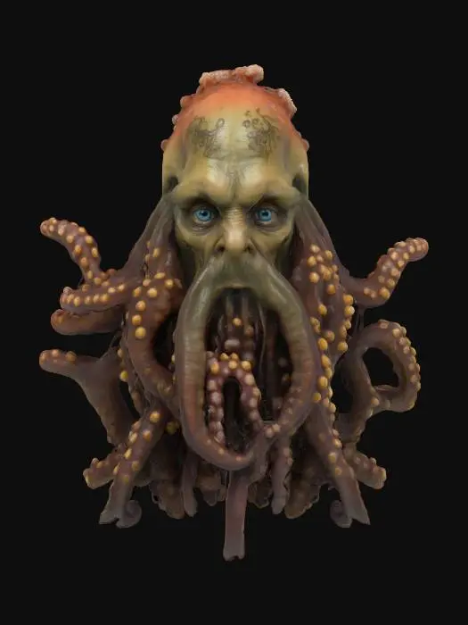 3D model for Generate a hyper-realistic, high-resolution 3D head scan of a Davy Jones of Pirate of Caraibes.
The face should feature textured octopus-like tentacles instead of a beard, barnacle-covered skin, coral-like growths, and translucent membrane details. Eyes should be vivid, deep-sea blue with complex reflections. Use PBR materials for wet-look skin, realistic subsurface scattering, and fine micro-details on the epidermis (pores, algae patterns, scars).
Lighting should be cinematic soft light from 45°, with realistic shadows and ambient occlusion for photogrammetry-quality accuracy.
clean topology, 4K textures, photogrammetry, photorealism, ultra-detailed face, PBR textures, marine creature pirate, digital sculpt, high-quality 3D head model. , #ocean#,