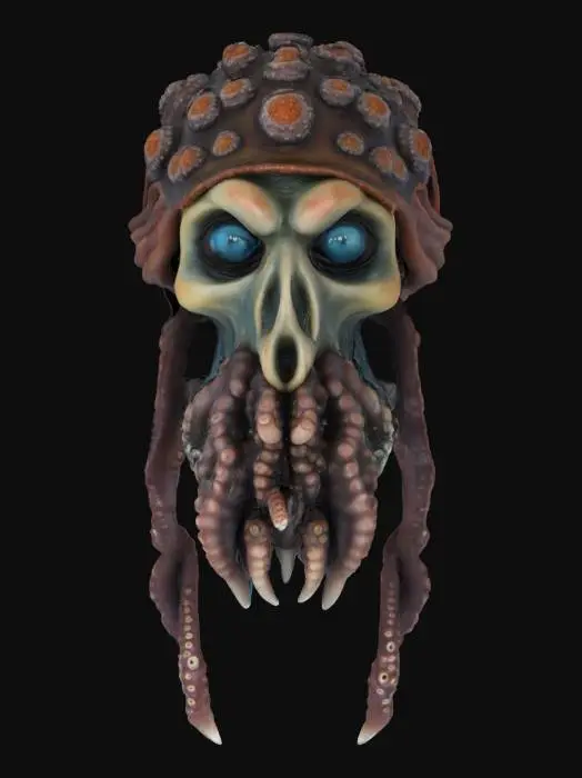 3D model for Generate a hyper-realistic, high-resolution 3D head scan of a humanoid sea-creature pirate inspired by deep-sea fauna.
The face should feature textured octopus-like tentacles instead of a beard, barnacle-covered skin, coral-like growths, and translucent membrane details. Eyes should be vivid, deep-sea blue with complex reflections. Use PBR materials for wet-look skin, realistic subsurface scattering, and fine micro-details on the epidermis (pores, algae patterns, scars).
Lighting should be cinematic soft light from 45°, with realistic shadows and ambient occlusion for photogrammetry-quality accuracy.
clean topology, 4K textures, photogrammetry, photorealism, ultra-detailed face, PBR textures, marine creature pirate, digital sculpt, high-quality 3D head model. #ocean#
