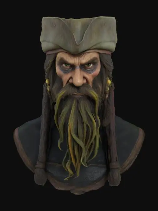 3D model for photogrammetry portrait of Davy Jones from the movie Pirates of the Caribbean. Realistic and highly detailed texture, Digital art, 4k, Fine details, Clean lines, Vivid colors, Photorealism, high-resolution textures, detailed face, PBR textures included, photorealism, detailed eyes, realistic shadows and soft lighting. High-quality 3D.  Clean UVs, watertight mesh, optimized for close-up rendering with soft cinematic light falloff. , #ocean#