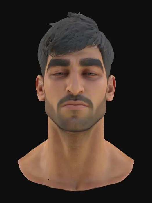 3D model for Photogrammetry of athletic beautifull arabic head man with short hair. 8K PBR textures, natural skin, lighting optimized for cinematic close-up rendering. close eyes. game ready. photogrammetry top model