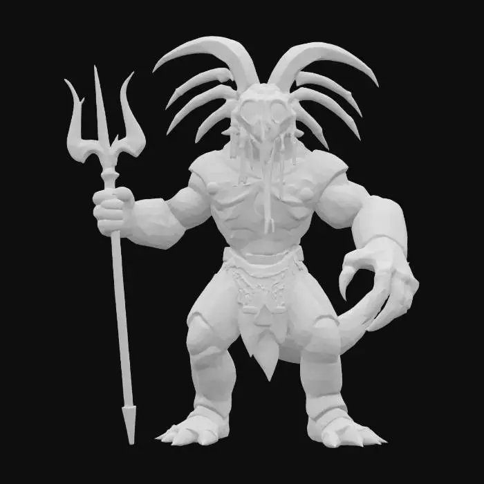3D model for ultra-detailed 3D character: an bioluminscence Abyssal warrior. He has a humanoid torso armored with segmented lobster-like shell, an asymmetrical left arm ending in razor-sharp crustacean pincers, and a right arm muscular with scaly bioluminscence skin and clawed fingers. His head combines a kingly triton face with crab-like exoskeletal ridges and multiple deep-blue bioluminescent big eyes protected by bony brow spines. He wields a tri-pronged trident crafted from hardened coral and glowing crystals, and wears necklaces of giant pearls, shell-inlaid pauldrons, and dried jellyfish cloaks. Apply PBR materials: bioluminescence algae-speckled scales, glossy shell, and bioluminescent accents. Pose him in a T-Pose, for cinematic game use, #ocean#