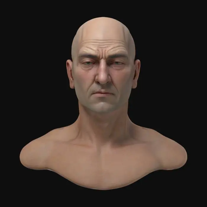 3D model for Ultra-realistic bust 3D man. 8K PBR textures, visible fabric grain, natural skin pores, lighting optimized for cinematic close-up rendering. close eyes. game ready. photogrammetry