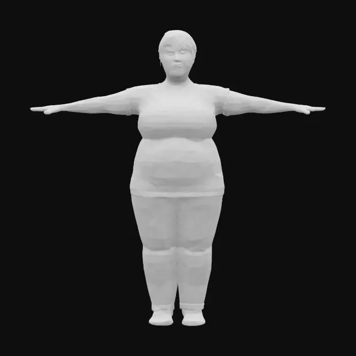 3D model for une maman in peu ronde en T-Pose, photogrammetrie texture, super detailllé, cheveux court, pas d'ombre sur la peau, pas d'ombre sur le visage, yeux fermé