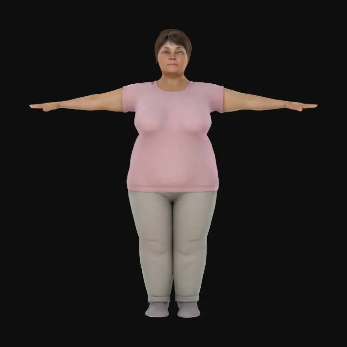 3D model for une maman in peu ronde en T-Pose, photogrammetrie texture, super detailllé, cheveux court, pas d'ombre sur la peau, pas d'ombre sur le visage, yeux fermé