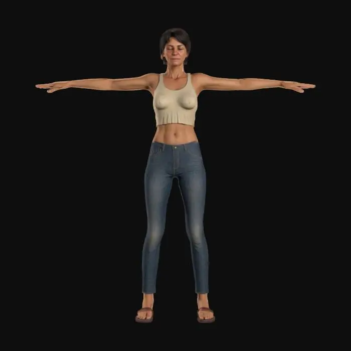 3D model for une maman latine en T-Pose, photogrammetrie texture, super detailllé, cheveux court, pas d'ombre sur la peau, pas d'ombre sur le visage, yeux fermé