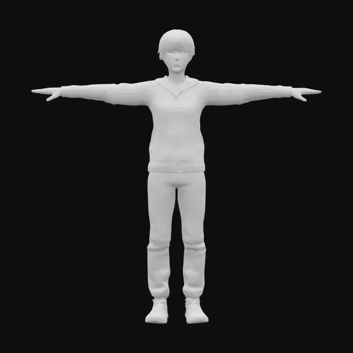 3D model for un fille de 15 ans habillé avec des vetements chaud pull et pantalon et chaussure, T-Pose, photogrammetrie texture, super detailllé, cheveux court,, yeux fermé, pas de reflection, soft light