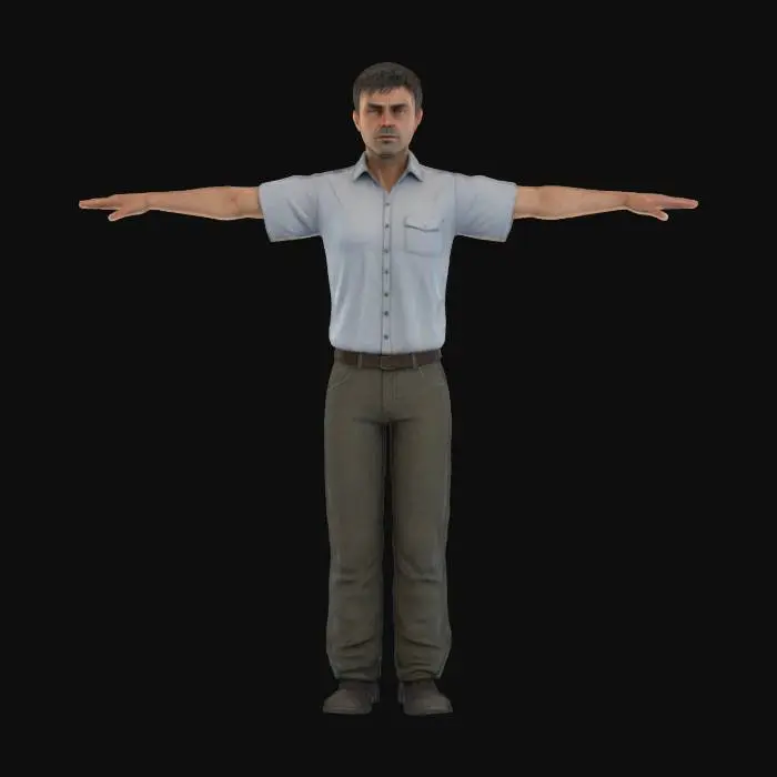 3D model for a 35 year old man dressed, T-Pose, textured photogrammetry, super detailed, short hair, no shadow on the skin, no shadow on the face, eyes closed
