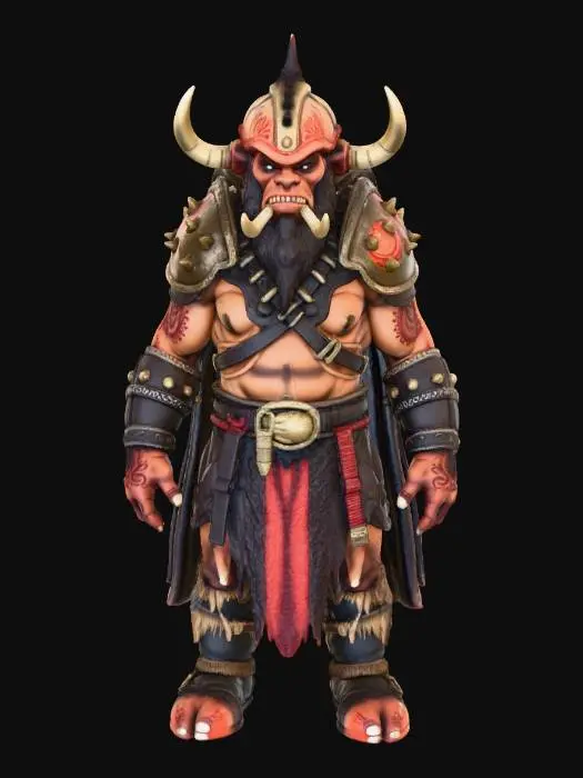 3D model for Create a powerful Ork Warrior with long tusks and warpaint on his face in the style of World of Warcraft wearing spiked pauldrons and leather armor and a ragged breechcloth, Game Asset, Unreal Engine ready.