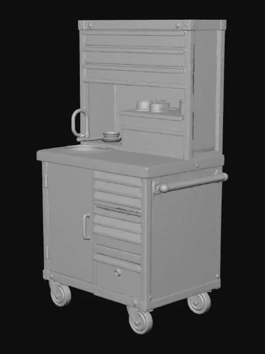 3D model for A mobile workshop tool cabinet with multiple drawers and a side door, similar in shape and layout to a professional mechanic’s tool cart. The cabinet is slightly rusty and worn, showing subtle corrosion on metal edges, faded paint, scratches, and signs of long-term use. Some tools are visible in the open drawers. Wheels are dirty and used. Overall look: realistic, industrial, heavy-duty, aged workshop equipment. Neutral lighting, high detail, sharp focus.