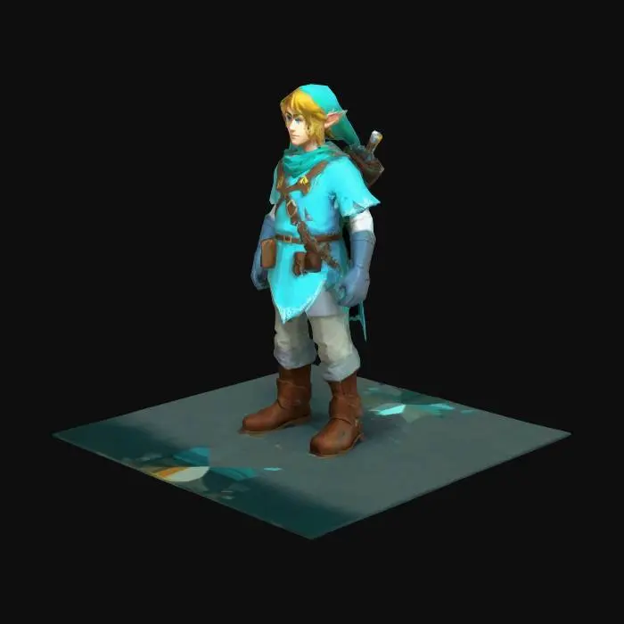3D model for Create a low-poly fantasy hero in the style of The Legend of Zelda: Ocarina of Time, fitting N64 limitations. The character has an adventurous, easygoing spirit but a mature presence. They wear a layered tunic in light blues, teals, and greys, with rugged boots and gloves. A well-worn backpack suggests a seasoned traveler, while a unique, lightweight helmet features subtle engravings. Keep poly count under 1,000 triangles, with hand-painted, pixelated textures and flat vertex shading