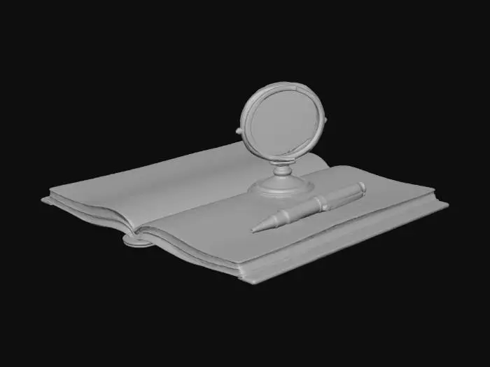 3D model for A small brass magnifying glass with clear glass lens, placed on the notebook, reflecting warm candlelight. Polished metallic PBR material.