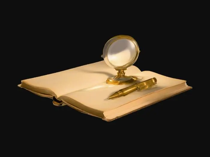 3D model for A small brass magnifying glass with clear glass lens, placed on the notebook, reflecting warm candlelight. Polished metallic PBR material.