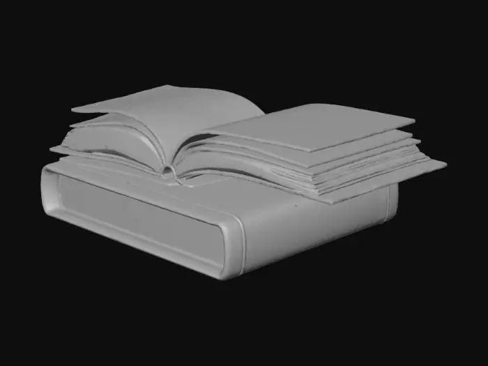 3D model for A stack of old hardcover books and an open notebook lying on the desk. Faded paper texture with handwritten notes, slightly curled corners, and aged edges. Colors muted to match sepia lighting. Tags: books, vintage, study, 1920s, PBR, realistic.