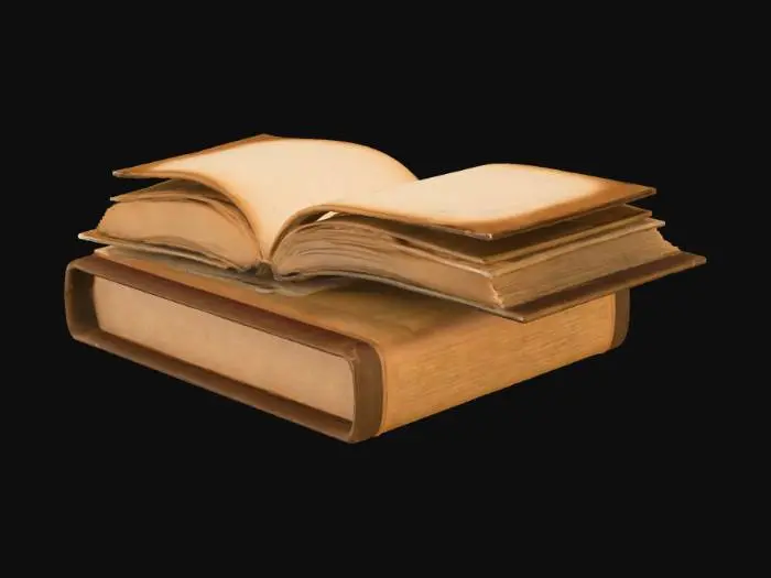 3D model for A stack of old hardcover books and an open notebook lying on the desk. Faded paper texture with handwritten notes, slightly curled corners, and aged edges. Colors muted to match sepia lighting. Tags: books, vintage, study, 1920s, PBR, realistic.