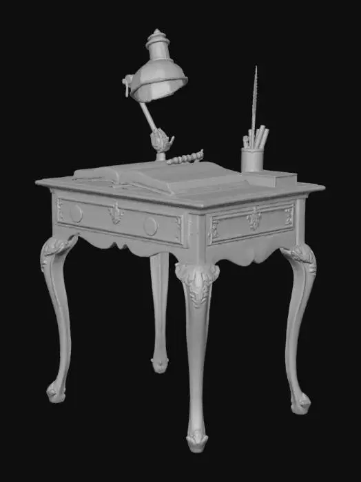 3D model for A small wooden study desk from 1920s Portugal with carved legs and a slightly worn surface. Covered with open books, a quill pen, and an oil lamp. Sepia-toned textures, subtle dust and light reflections. Tags: wooden desk, vintage, 1920s, Portuguese, historical, realistic.