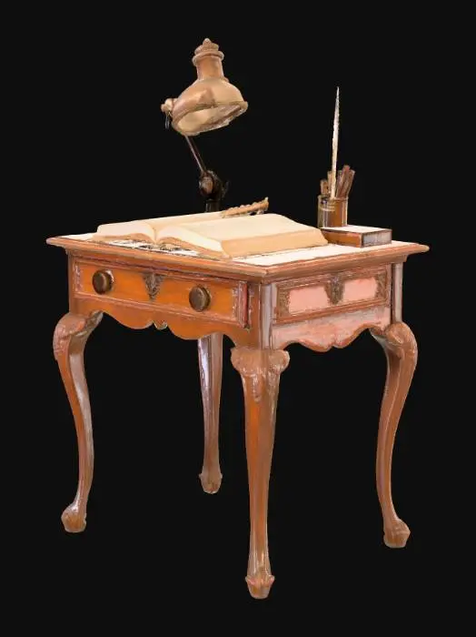 3D model for A small wooden study desk from 1920s Portugal with carved legs and a slightly worn surface. Covered with open books, a quill pen, and an oil lamp. Sepia-toned textures, subtle dust and light reflections. Tags: wooden desk, vintage, 1920s, Portuguese, historical, realistic.