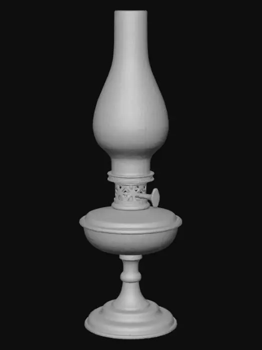 3D model for A 1920s brass oil lamp with a glass chimney, producing a soft, warm yellow light. Light flickers gently on nearby objects, emphasizing the old-time atmosphere. Tags: oil lamp, candlelight, 1920s, warm light, realistic.