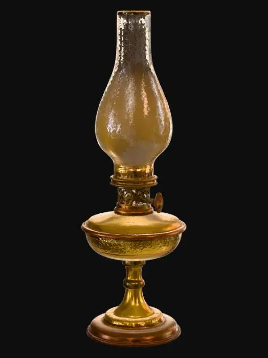 3D model for A 1920s brass oil lamp with a glass chimney, producing a soft, warm yellow light. Light flickers gently on nearby objects, emphasizing the old-time atmosphere. Tags: oil lamp, candlelight, 1920s, warm light, realistic.
