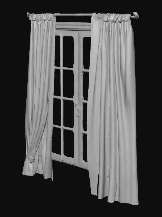3D model for An old wooden-framed window with thin lace curtains slightly moving in soft sunlight. The outside light is pale and diffused, casting subtle shadows across the room. Tags: window, lace curtain, sunlight, 1920s, Lisbon, realistic.