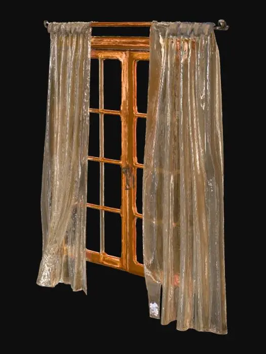 3D model for An old wooden-framed window with thin lace curtains slightly moving in soft sunlight. The outside light is pale and diffused, casting subtle shadows across the room. Tags: window, lace curtain, sunlight, 1920s, Lisbon, realistic.