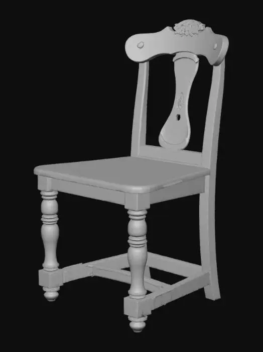 3D model for A simple wooden chair from the 1920s with carved backrest and worn seat, placed near the desk. Slight scratches and faded varnish for authenticity. Tags: chair, wood, vintage, realistic, 1920s, interior.