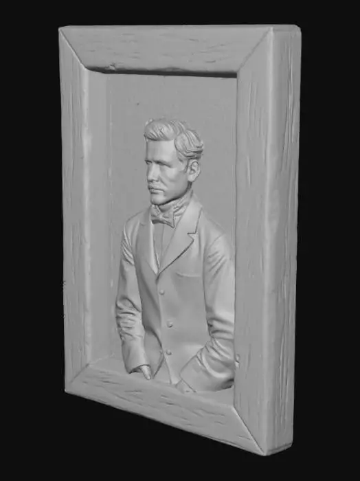 3D model for An old sepia-toned family photo in a small wooden frame on the desk. The photo shows a man in early 1900s clothing with faint scratches and fading, symbolizing memory and loss. Tags: photo frame, sepia, vintage, emotional, historical.