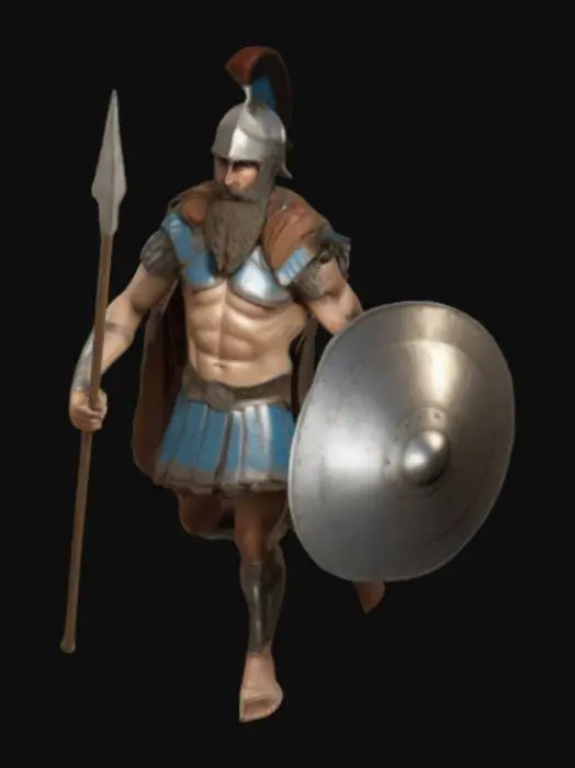 3D model for Realistic Ancient Athenian Hoplite: Fully Armored 100% with really long hair and beard and a much more accurate-better nose part, and blue eyes