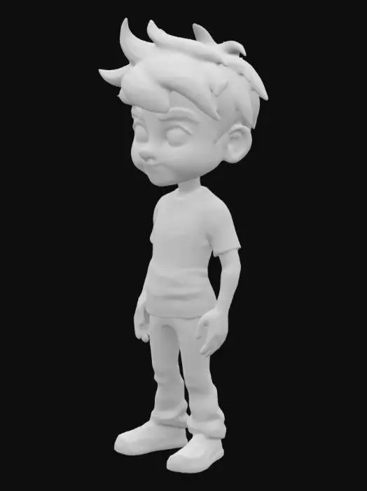 3D model for Teenage boy with messy black hair and sea-green eyes. He has an athletic, slightly lean build, appearing like someone who runs and fights regularly. His expression is mischievous yet determined, with a confident stance. He wears a casual orange T-shirt and jeans, slightly worn from adventure. His features are sharp but friendly, resembling his mother, yet carrying a strong, almost mythical presence. His posture suggests readiness for action, as if always prepared for the next challenge.